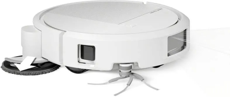 Biały robot sprzątający z obrotową szczotką i czujnikami.