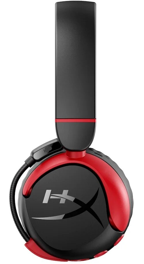 Czarne słuchawki z czerwonymi akcentami i logo HyperX.