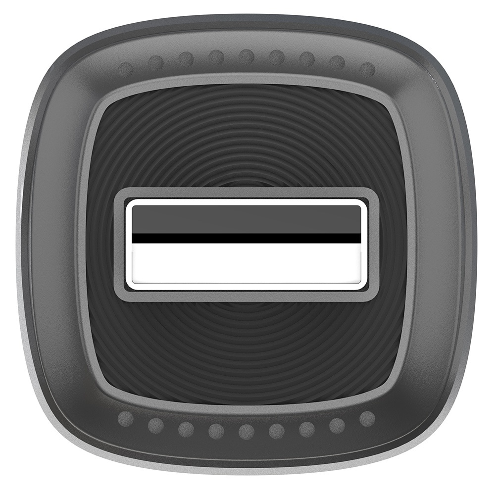 Szary port USB z okrągłą teksturą i srebrnym wykończeniem.