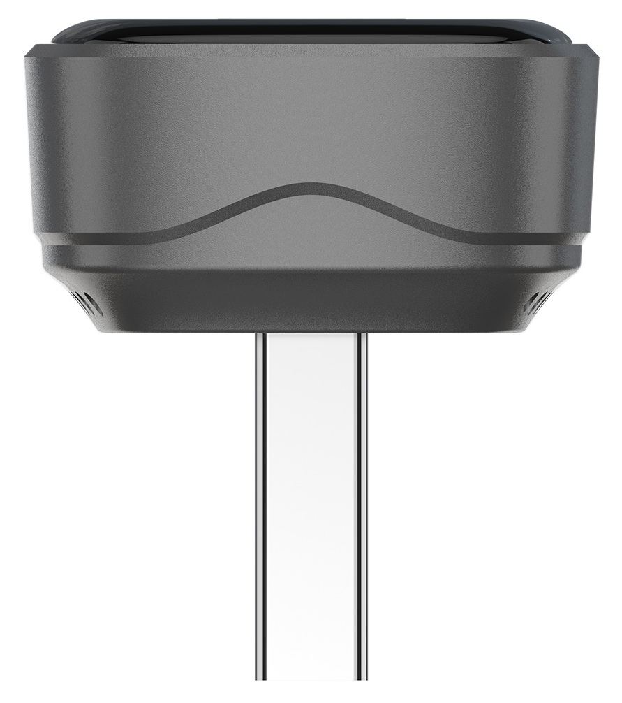 Szara wtyczka USB-C z błyszczącym czarnym wierzchem i dwoma srebrnymi pinami.