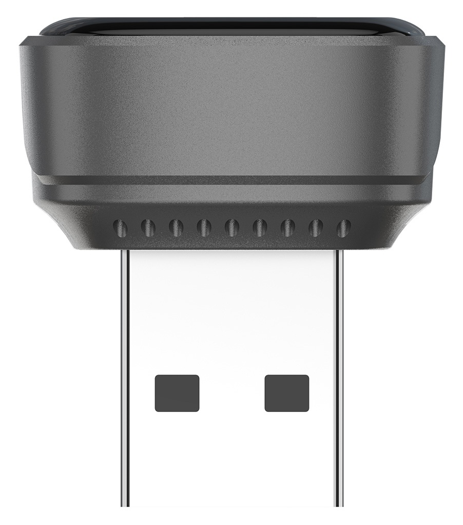 Szary pendrive z błyszczącą czarną górą i otworami wentylacyjnymi.