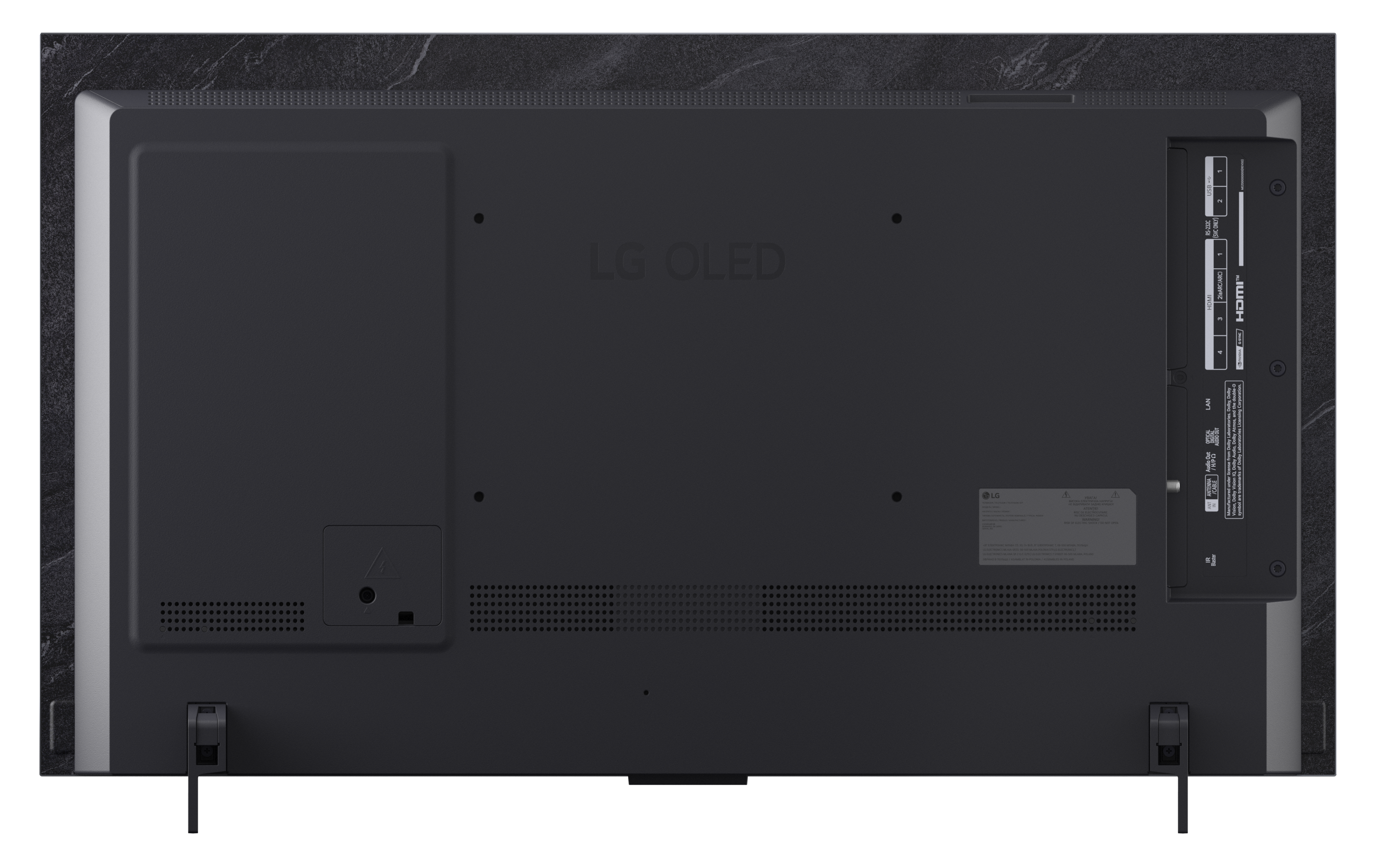 Tył telewizora LG OLED z portami, wentylacją i logo LG OLED.