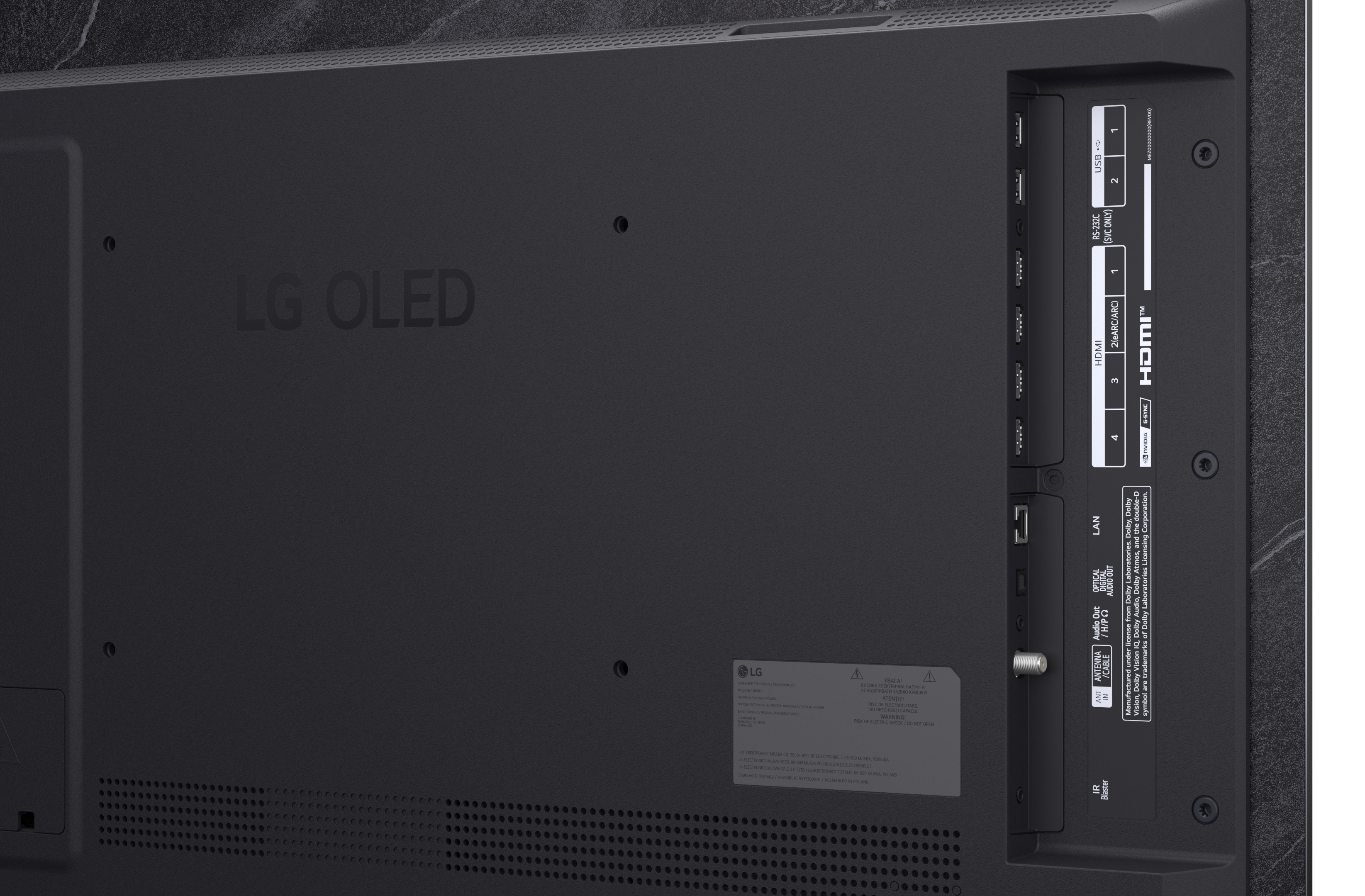 Tył telewizora LG OLED z portami: HDMI, USB, LAN, Wyjście audio.