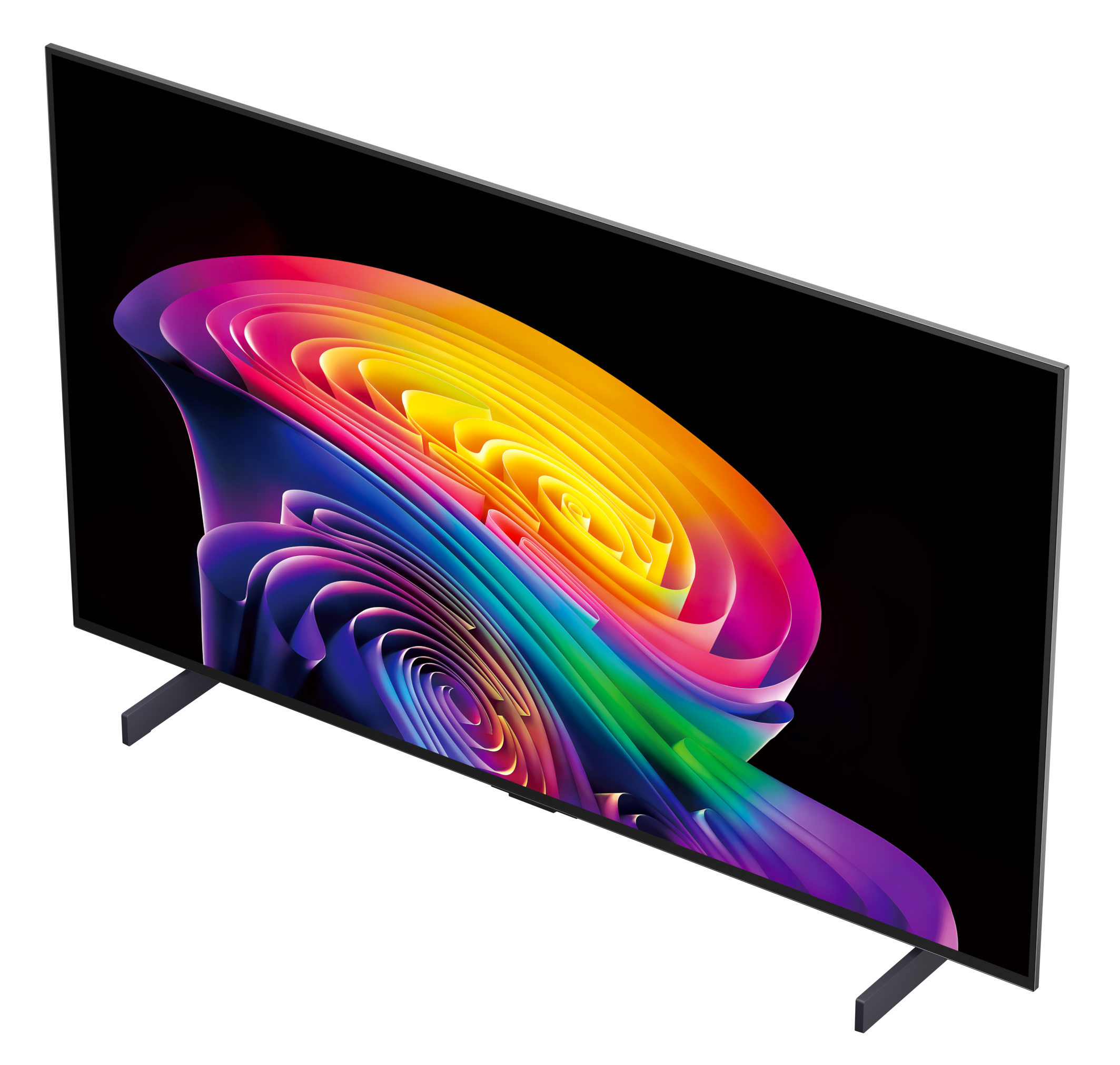 Nowoczesny telewizor wyświetla abstrakcyjny, kolorowy kształt spirali na czarnym tle.