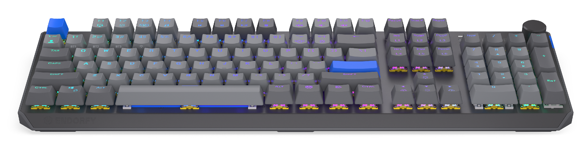 Szara klawiatura z niebieskimi klawiszami akcentującymi i podświetleniem RGB.