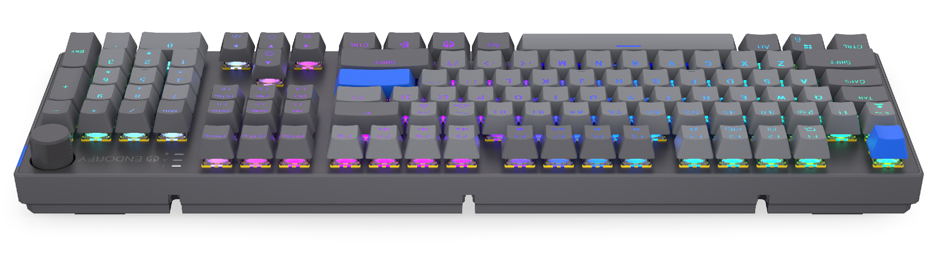 Szara klawiatura mechaniczna z podświetleniem RGB i niebieskim klawiszem spacji.