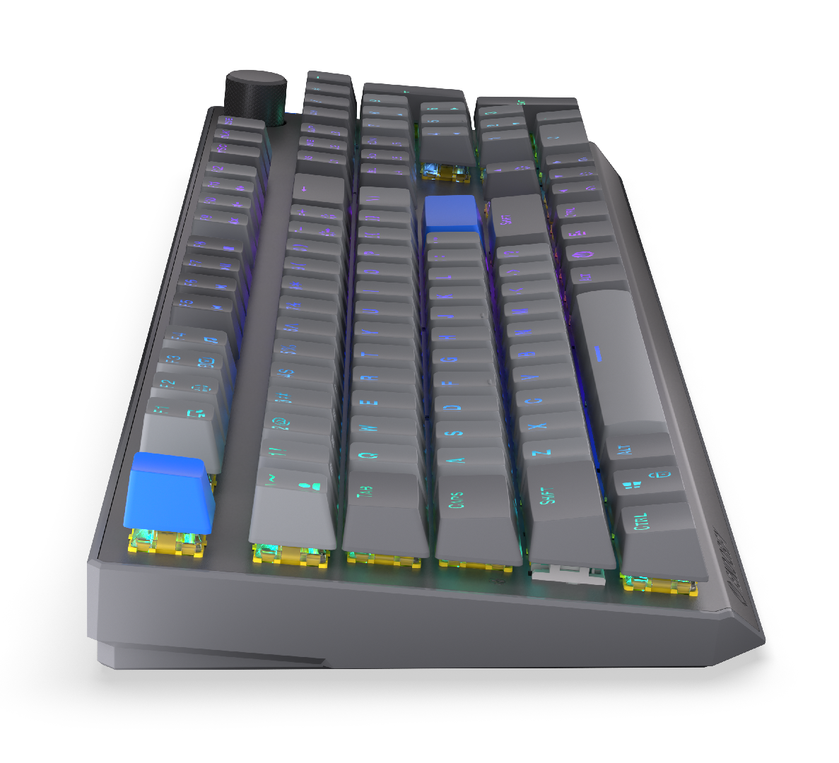 Szara klawiatura mechaniczna z podświetleniem RGB i niebieskimi klawiszami.