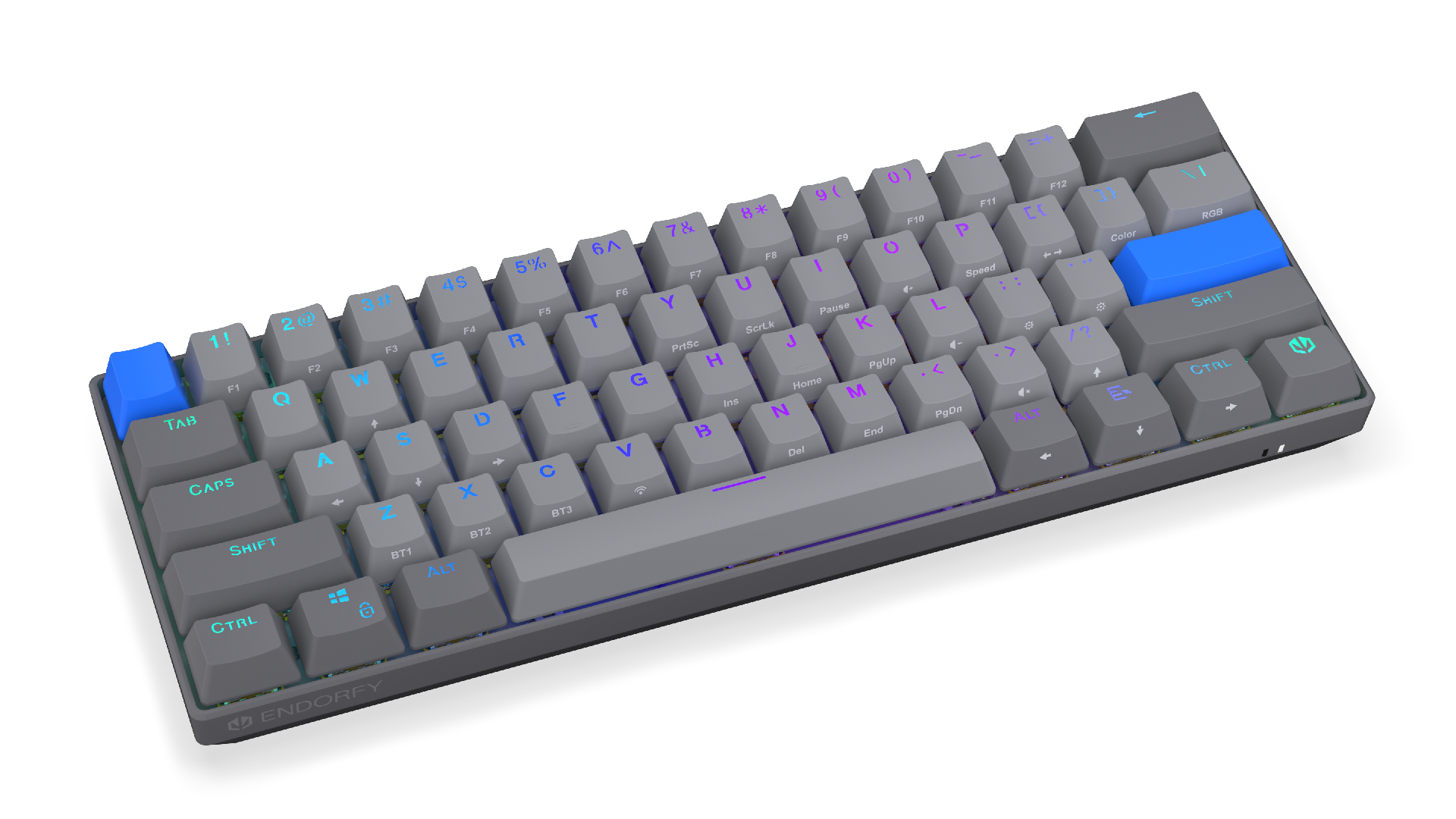 Szara klawiatura mechaniczna z niebieskimi klawiszami akcentującymi i podświetleniem RGB.