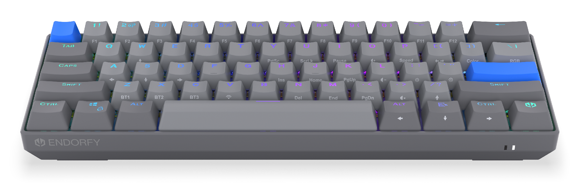 Szara klawiatura mechaniczna z niebieskimi klawiszami akcentującymi i podświetleniem RGB.