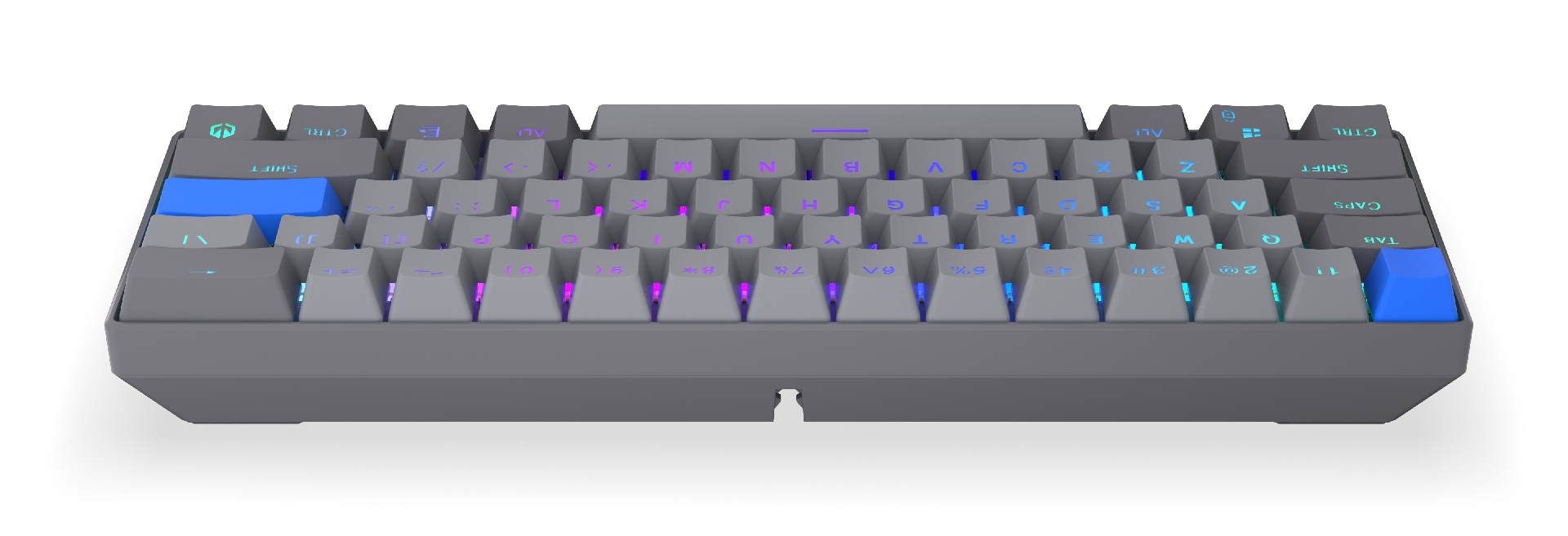 Szara klawiatura mechaniczna z niebieskimi i kolorowymi klawiszami RGB na czarnym tle.