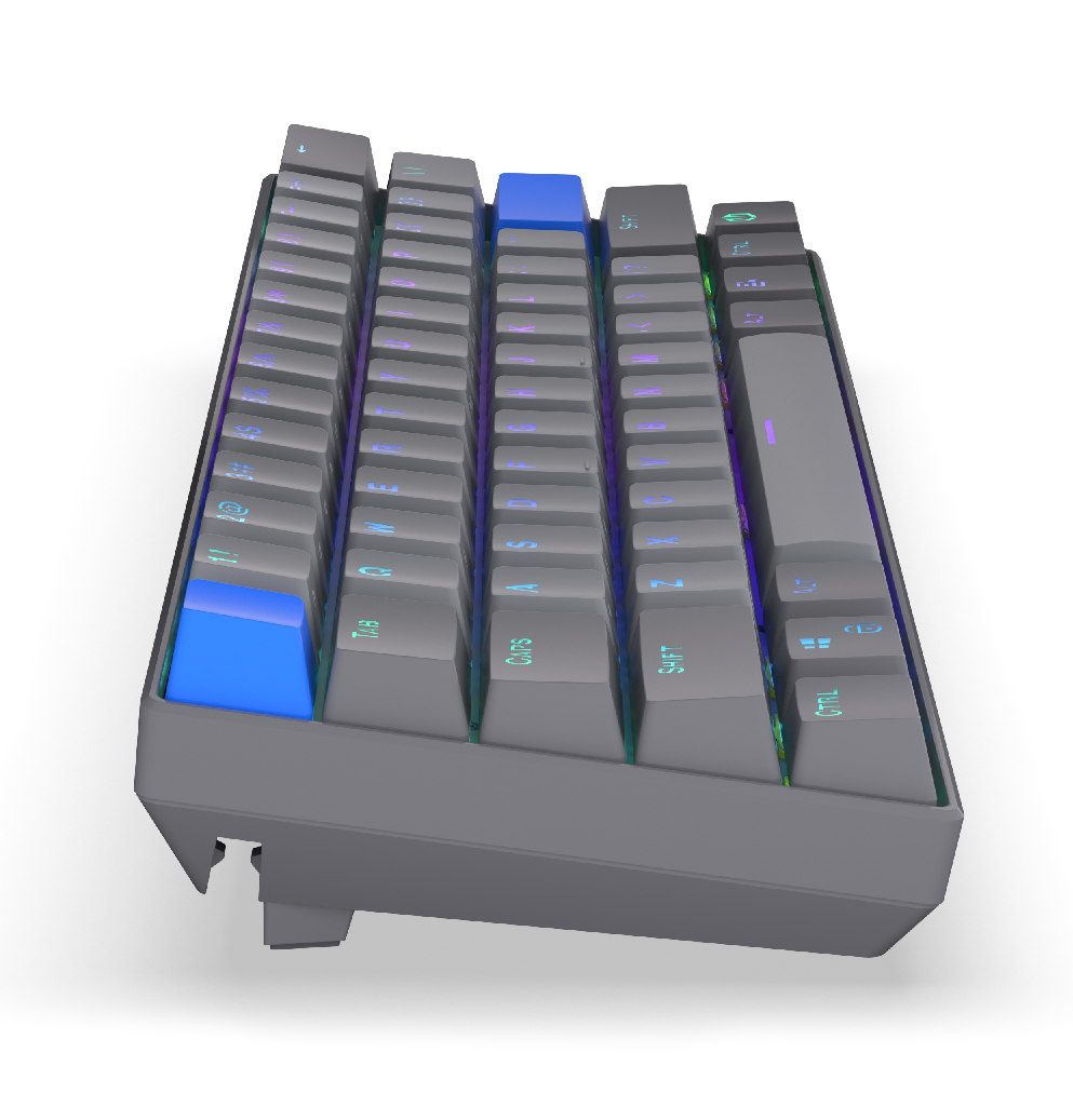 Szara klawiatura z niebieskimi klawiszami akcentującymi i podświetleniem RGB.