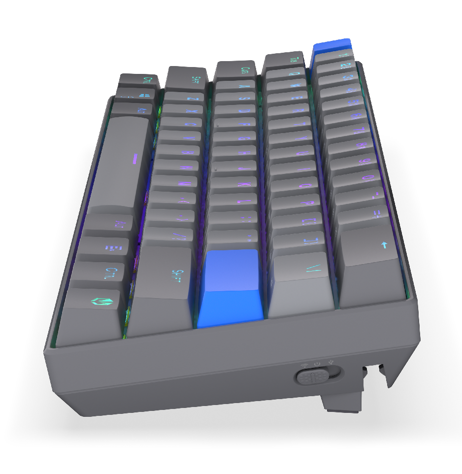 Szara klawiatura mechaniczna z podświetleniem RGB, jeden niebieski klawisz.