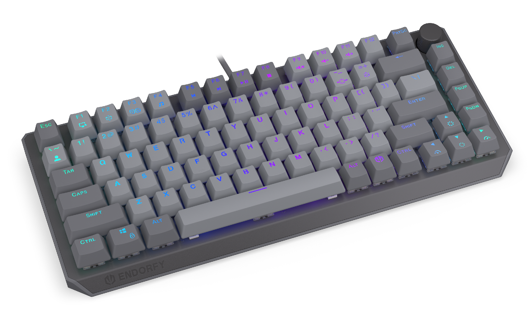 Szara klawiatura z podświetleniem RGB na czarnym tle.