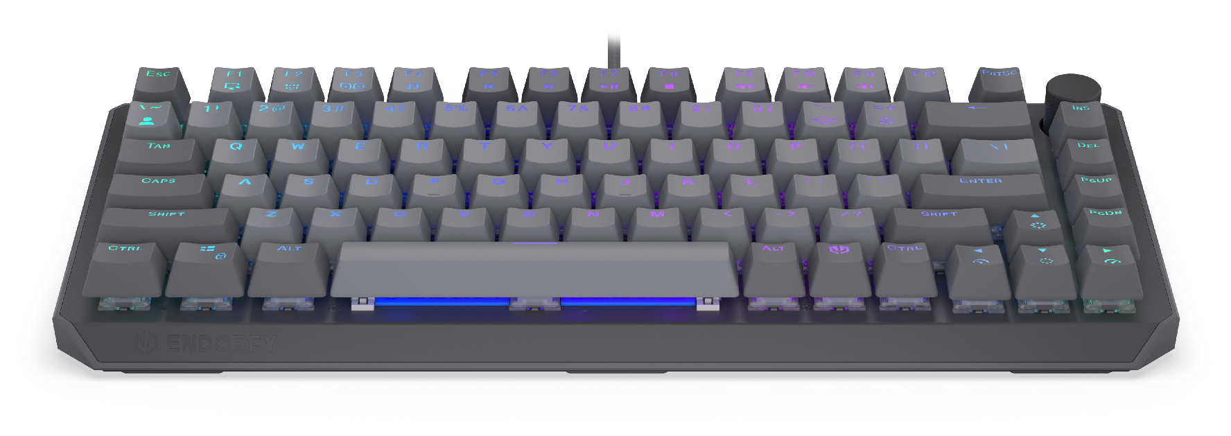 Szara klawiatura mechaniczna z podświetleniem RGB i widocznymi przełącznikami.