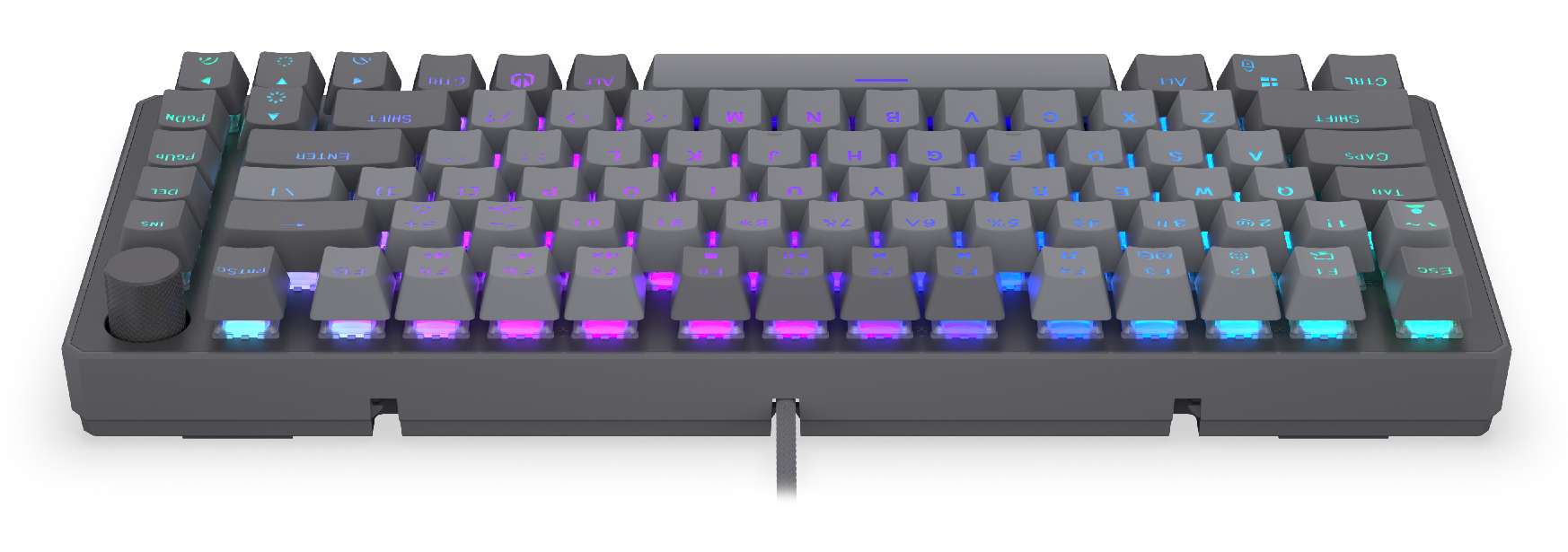 Szara klawiatura mechaniczna z podświetleniem RGB i pokrętłem.