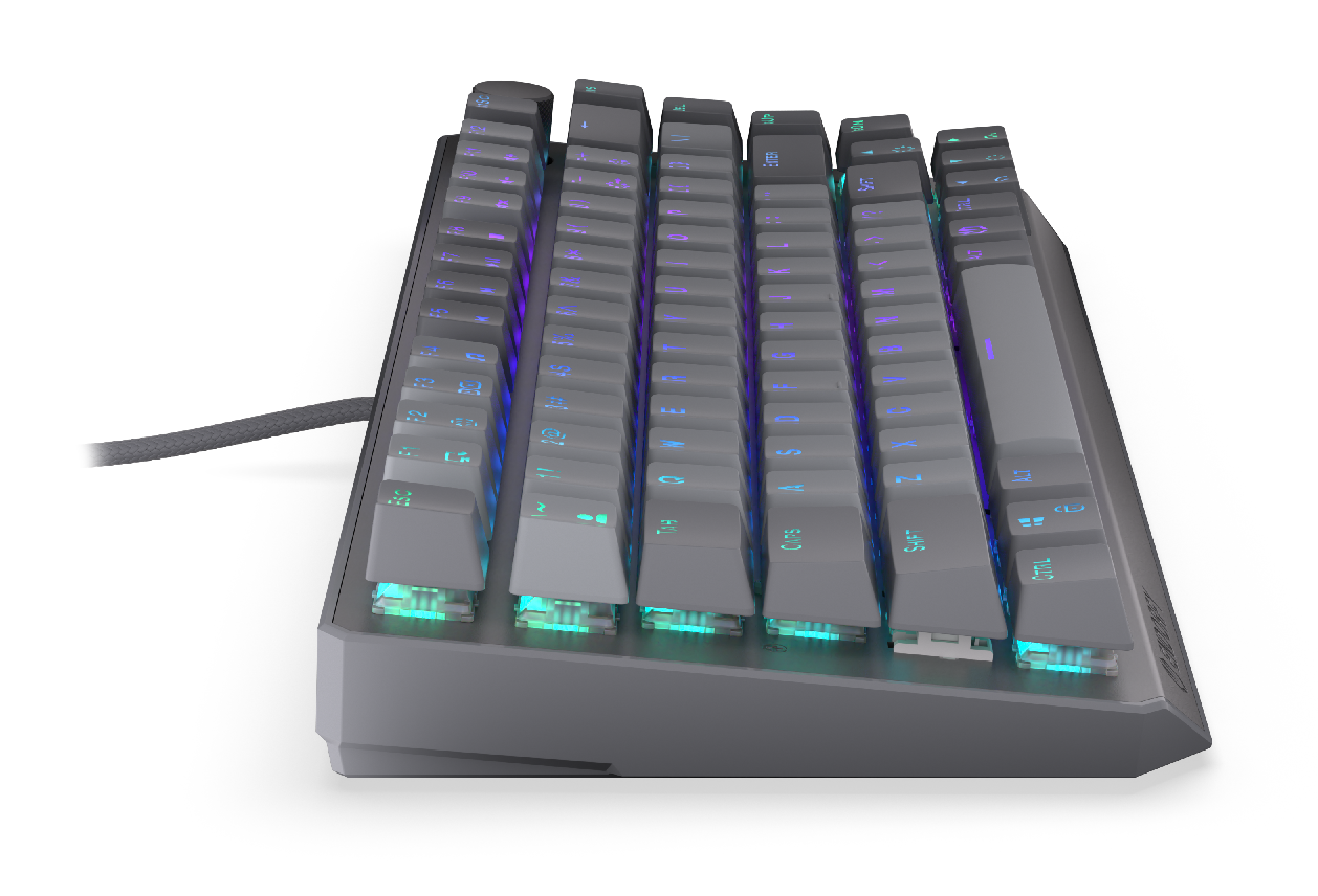 Szara klawiatura mechaniczna z podświetleniem RGB, zbliżenie, czarne tło.