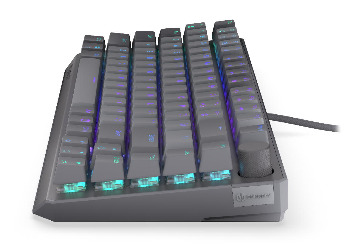 Szara klawiatura z podświetleniem RGB, zbliżenie na klawisze i pokrętło.