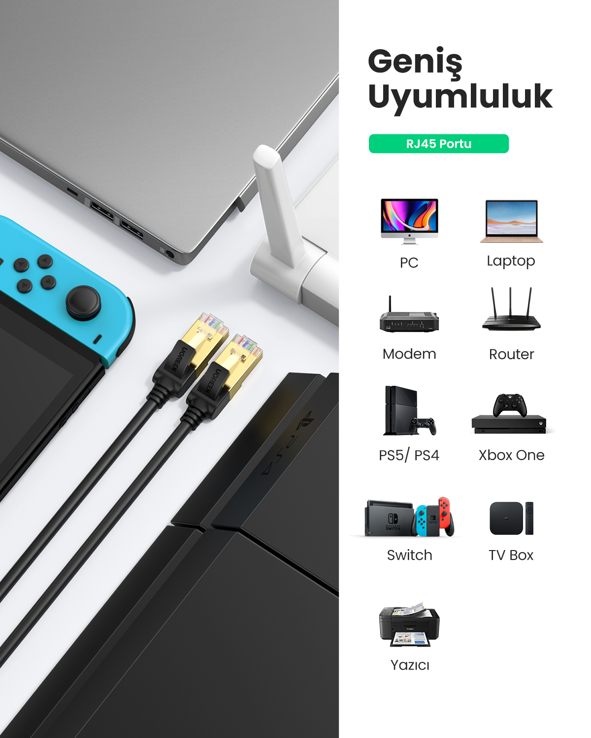 Ethernet kabloları laptop, konsol ve router yanında, uyumluluk listesi ile.