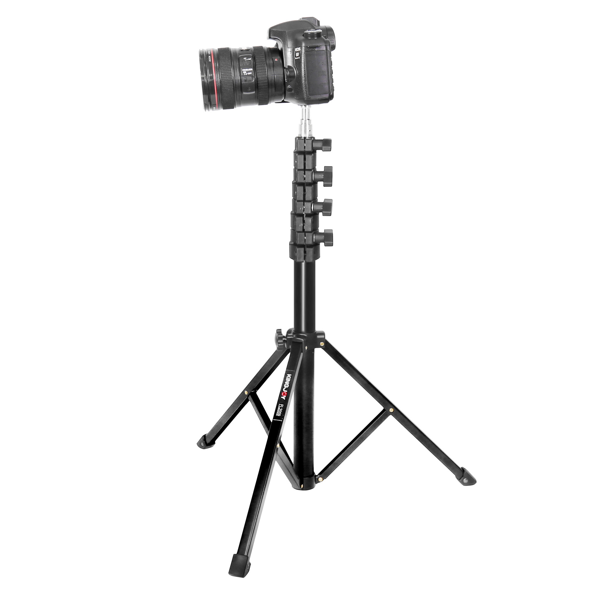 Uzatılabilir orta direkli siyah bir tripod üzerinde dijital kamera.