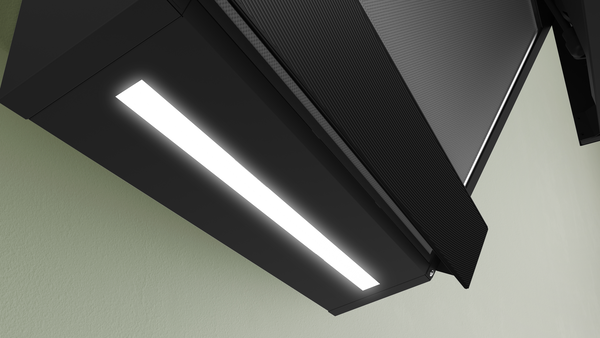 Entegre LED ışıklı ve nervürlü üst yüzeyli siyah modern tente.