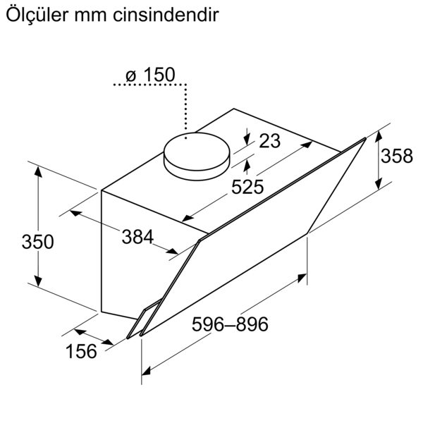 Boyutlu bir davlumbazın teknik çizimi.