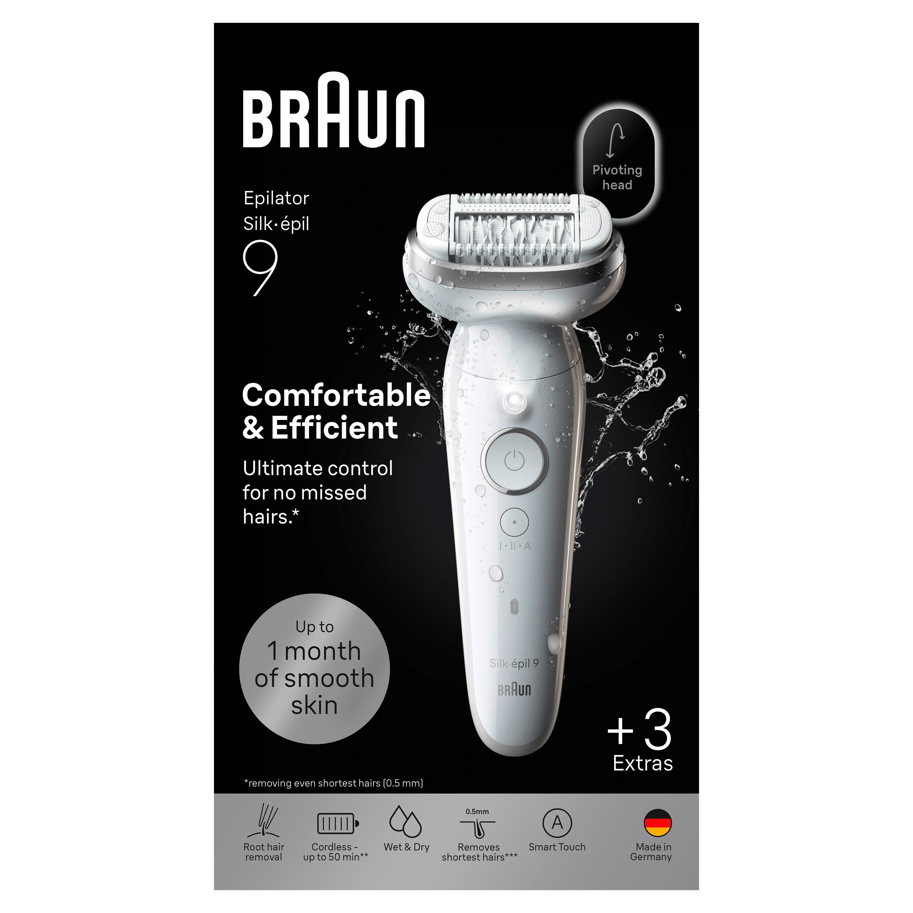 Ein weißer Braun Silk-épil 9 Epilierer mit schwenkbarem Kopf und Wasserspritzern.