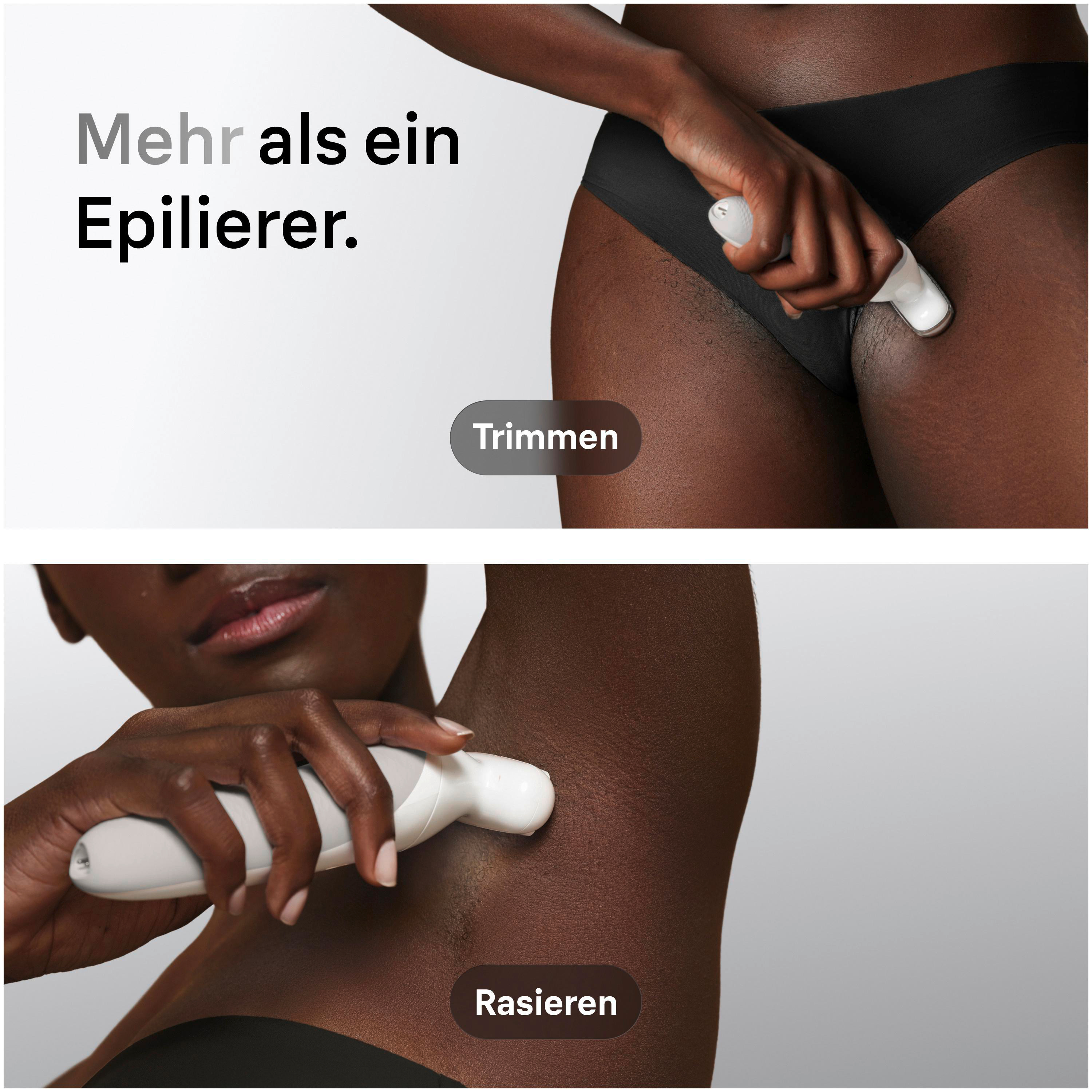 Eine Person trimmt Haare am Bein und rasiert Achselhaare mit einem Trimmer.