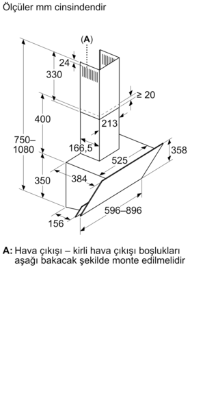 Davlumbazın teknik çizimi, ölçüler milimetre cinsindendir.