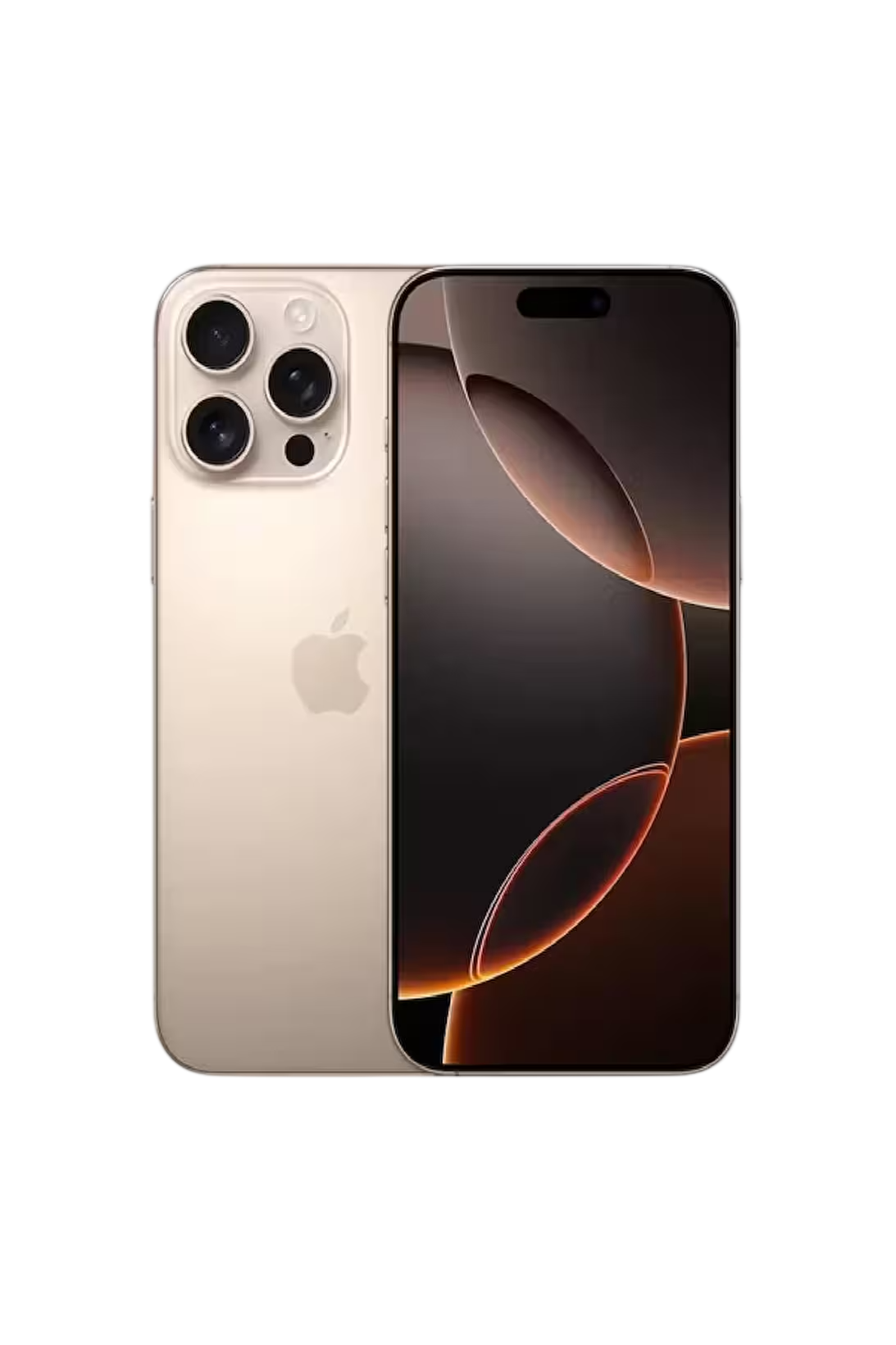 Üç kameralı altın iPhone ve parlayan halkalar gösteren koyu ekran.