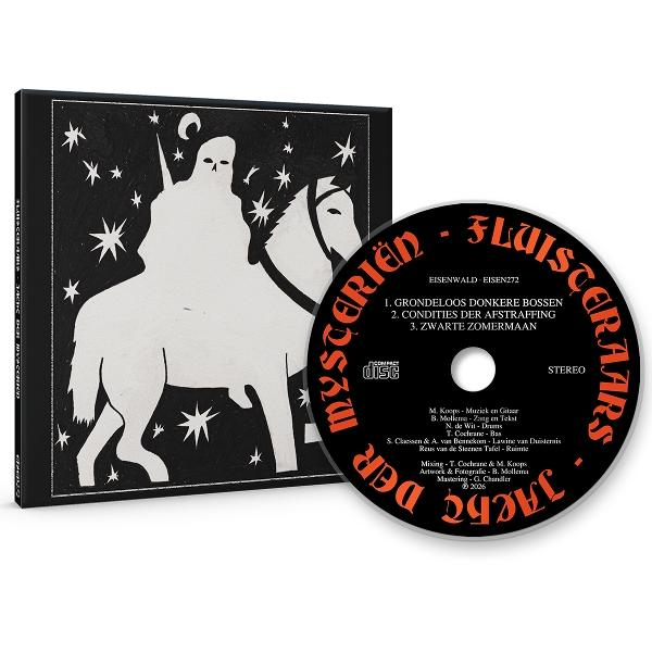 Schwarz-weiße CD-Hülle und CD mit einem Reiter auf einem Pferd und Sternen.