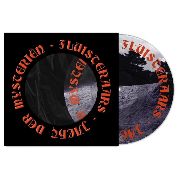 Schwarze Hülle mit orangefarbenem Text und einer Vinylschallplatte daneben.