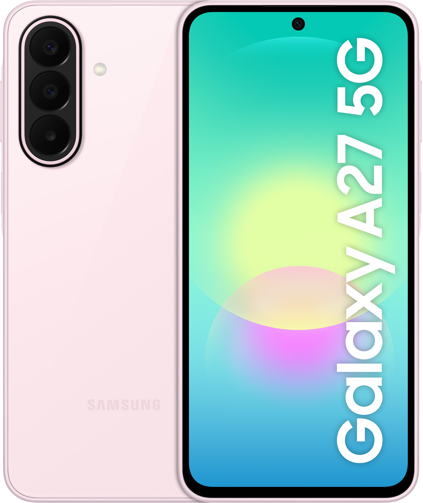 Różowy smartfon Samsung Galaxy A27 5G pokazany z przodu i z tyłu.