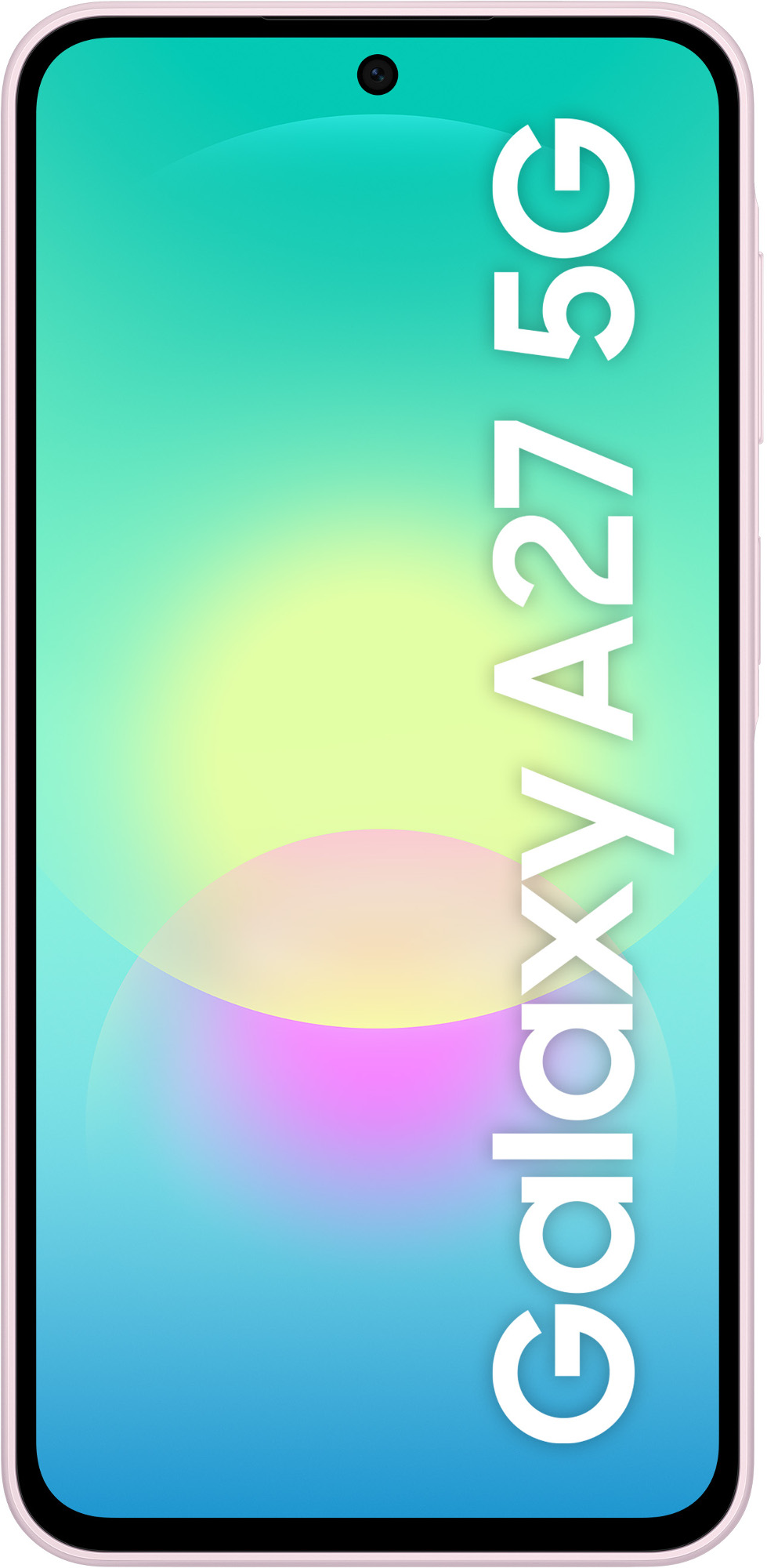 Różowy smartfon Samsung Galaxy A27 5G z gradientowym tłem.