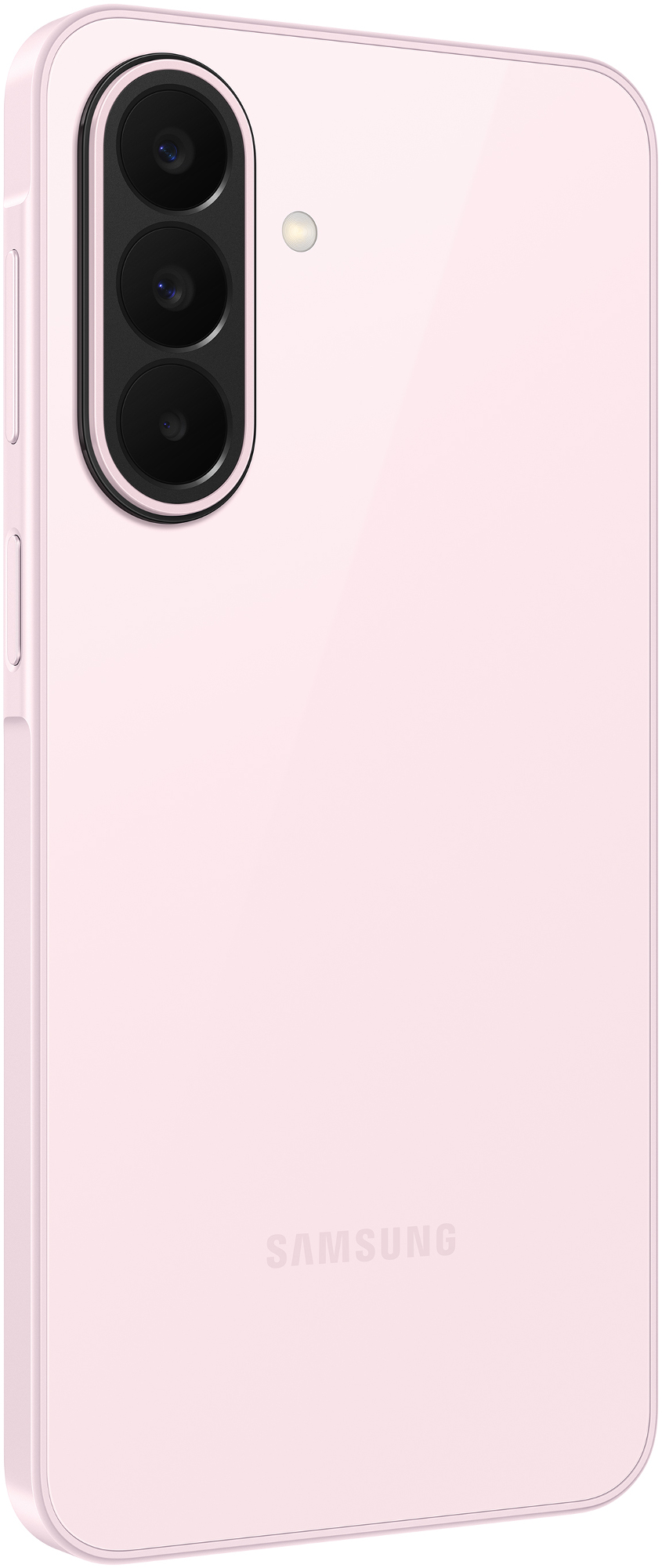Jasnoróżowy smartfon z trzema aparatami i lampą błyskową.