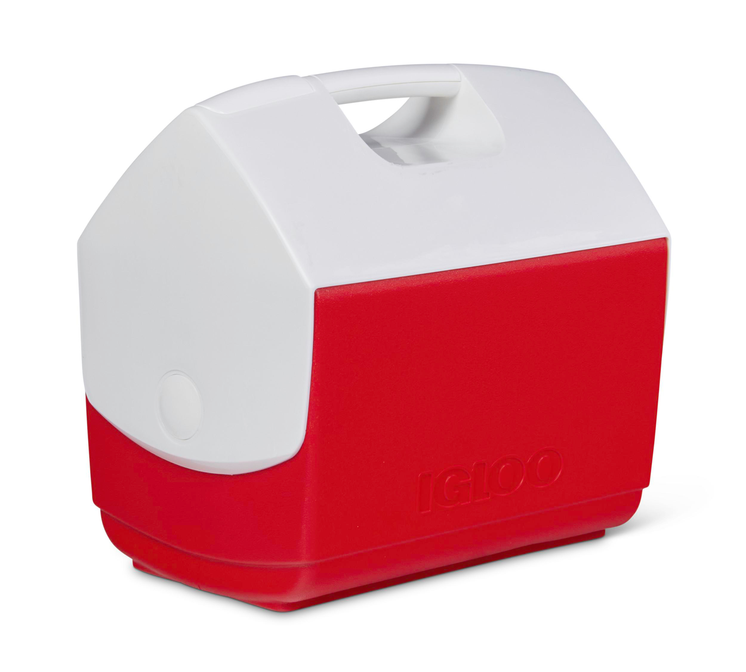 Ein roter und weißer Kühlkasten mit Griff auf weißem Hintergrund.