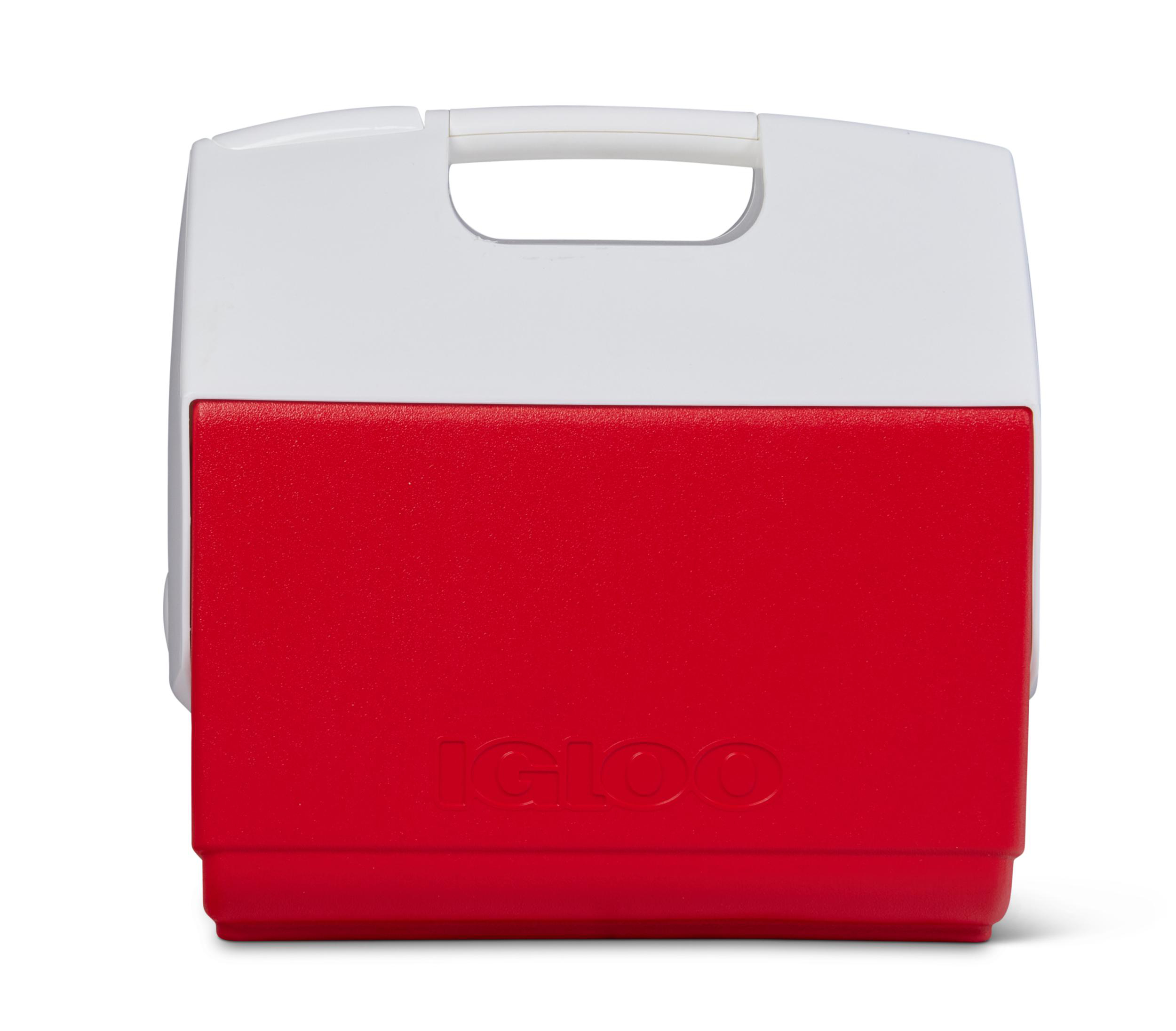 Ein roter und weißer Kühlbox mit einem Griff.
