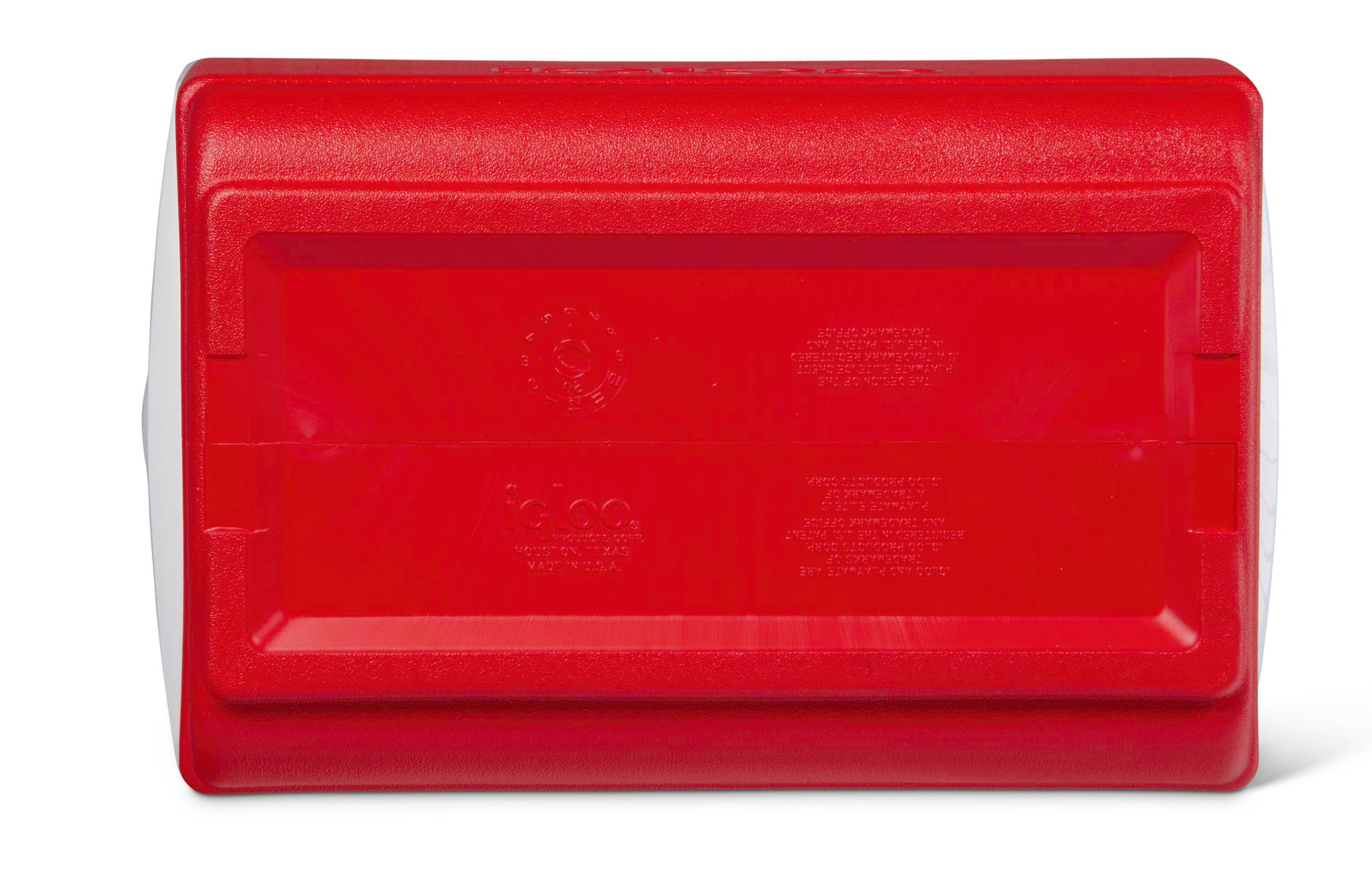 Rote und weiße Kühlbox von Igloo mit Markierungen und Text auf der Unterseite.