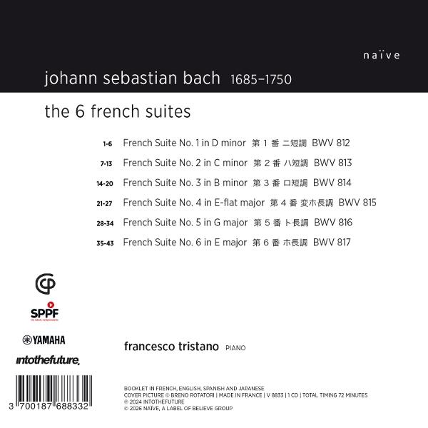 Titelseite mit Bachs "6 French Suites", Künstler und Logos.