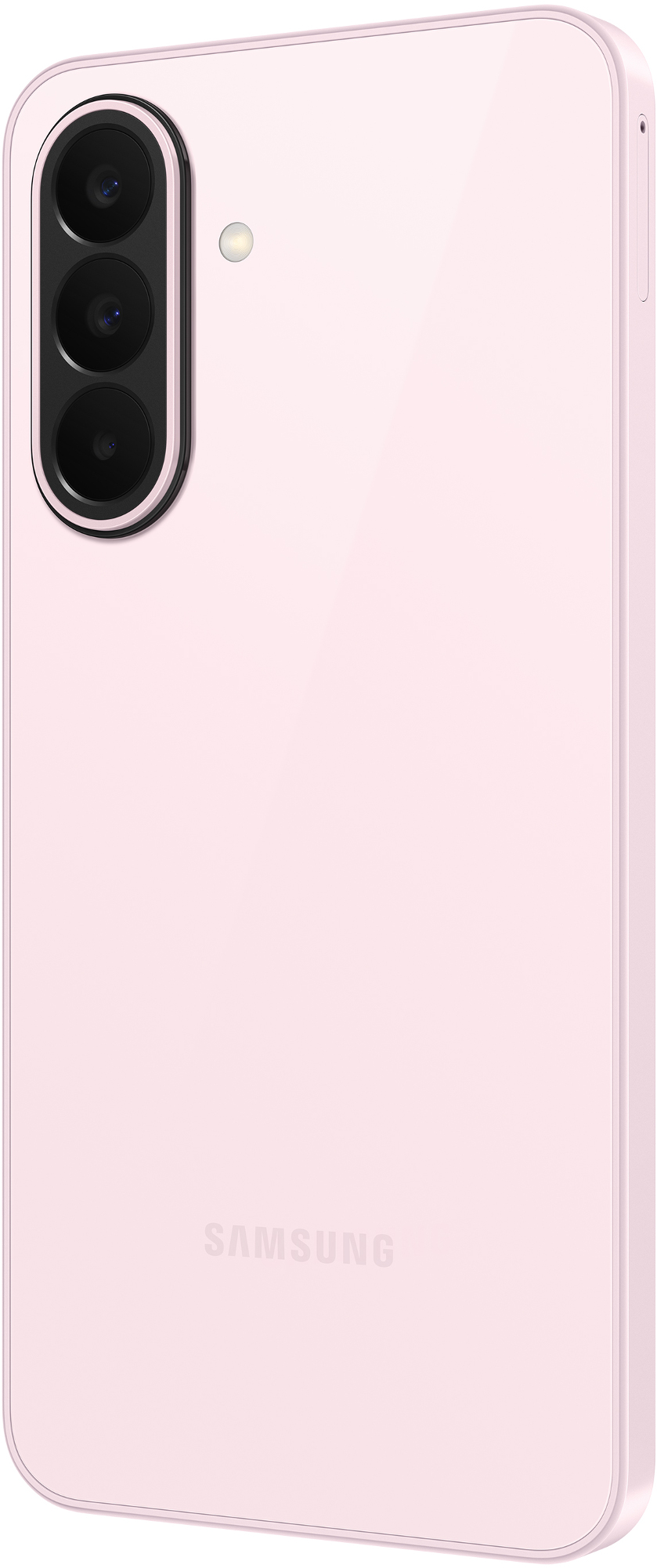 Różowy smartfon Samsung z trzema aparatami i lampą błyskową.