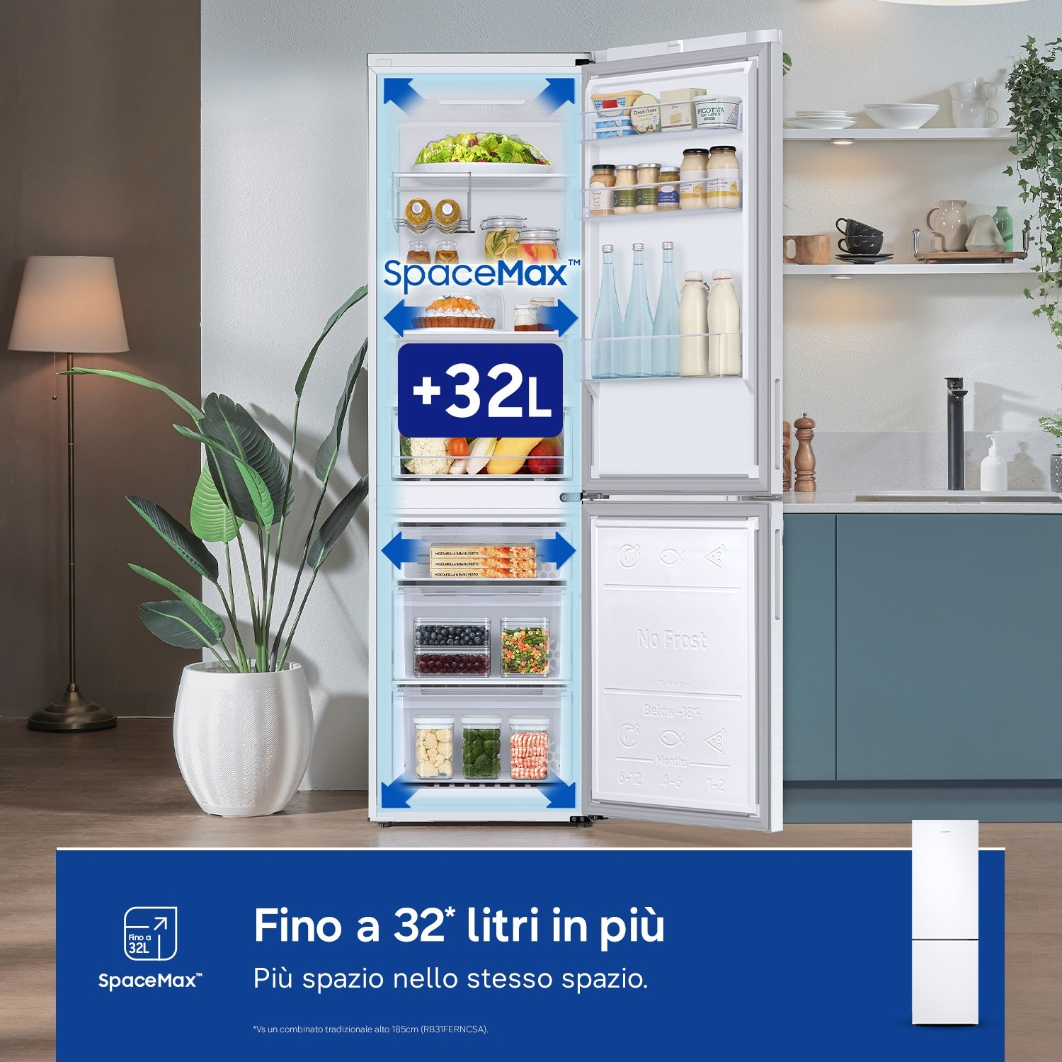 Frigorifero aperto con cibo, testo "+32L SpaceMax" e piante.