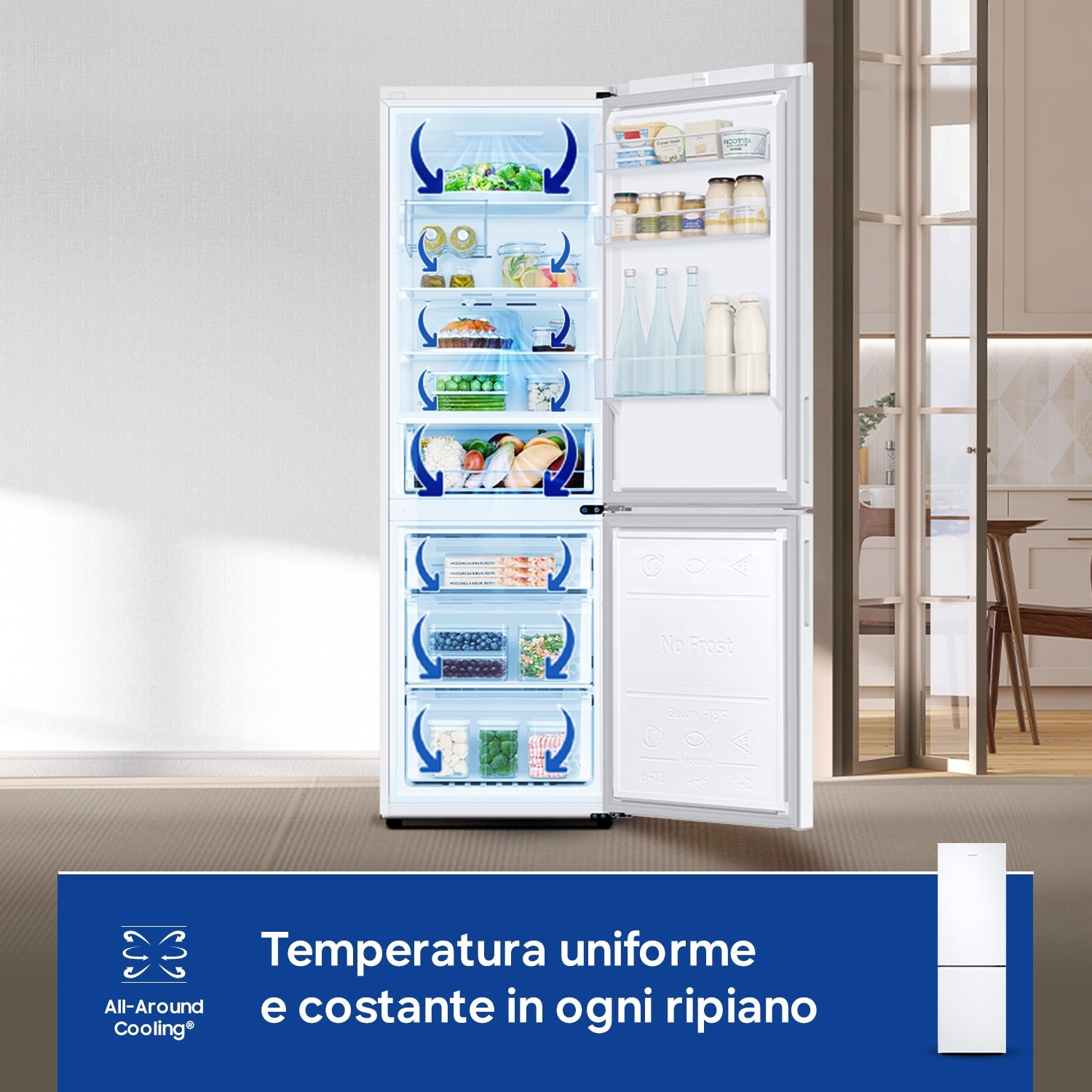 Un frigorifero bianco con porte aperte, pieno di cibo e con frecce di raffreddamento.