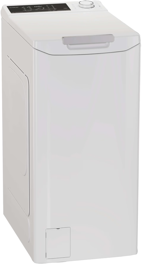 Une machine à laver à chargement par le dessus, blanche, avec écran numérique.