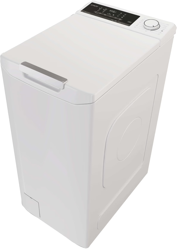 Une machine à laver Candy blanche avec écran numérique et bouton rotatif.
