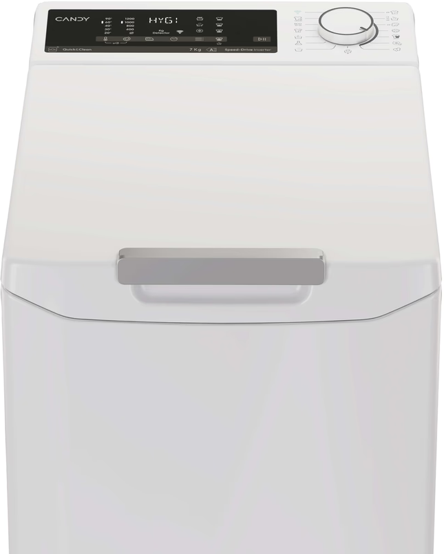 Une machine à laver Candy blanche avec écran numérique et bouton rotatif.