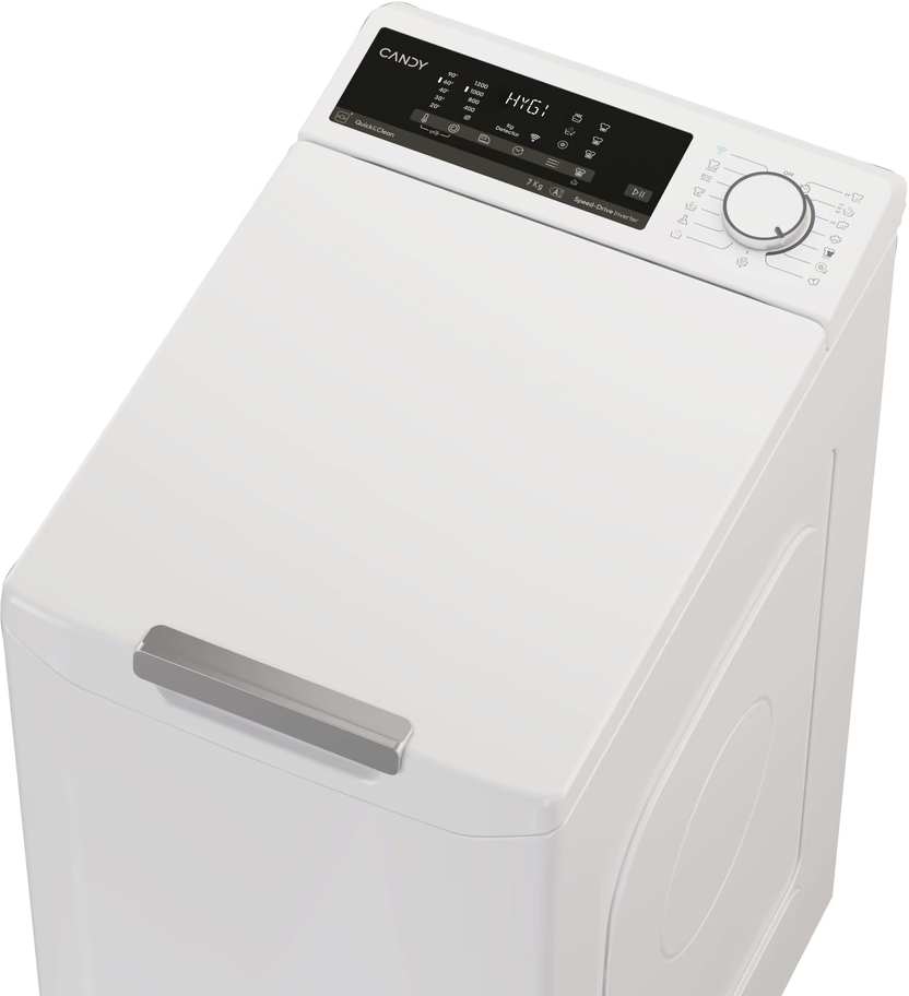 Machine à laver Candy blanche avec écran numérique et poignée argentée.