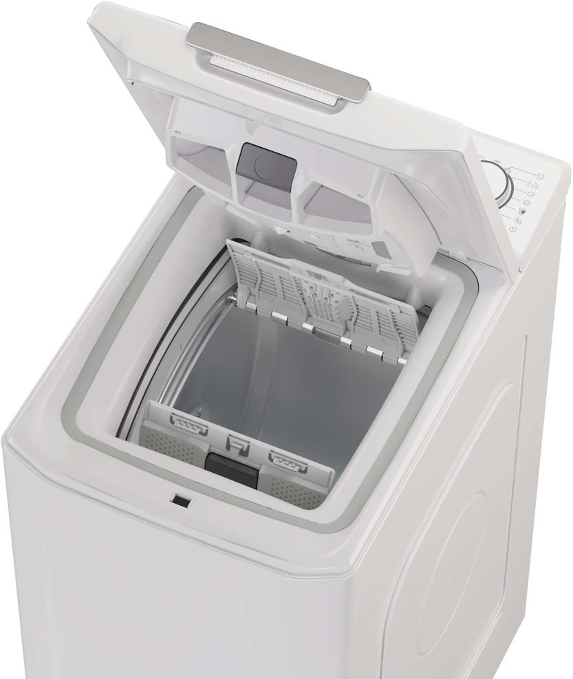 Une machine à laver blanche, couvercle ouvert, montrant le tambour et le panneau de commande.