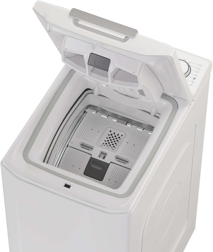 Une machine à laver blanche avec le couvercle ouvert, montrant le distributeur de lessive.