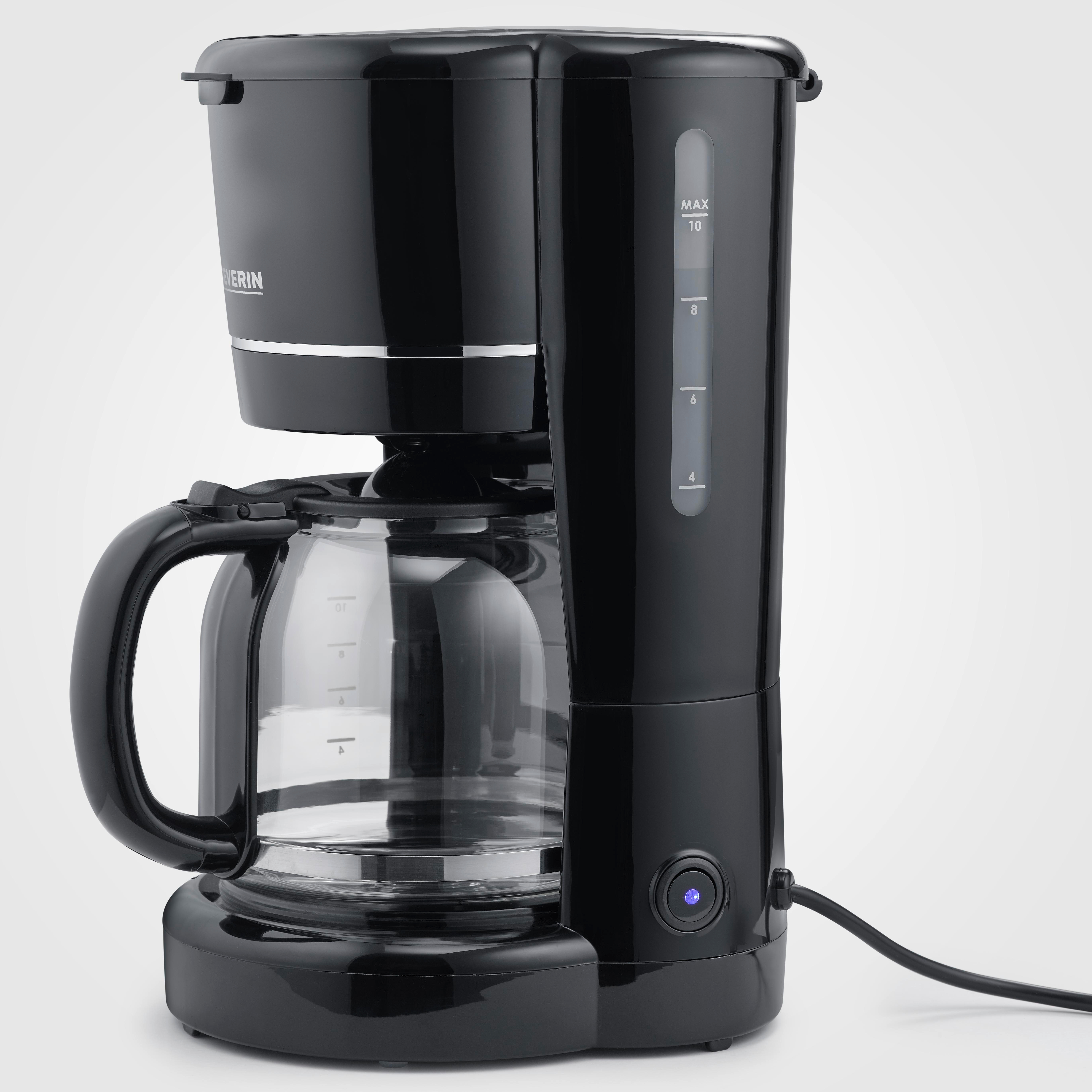 Schwarze Kaffeemaschine mit Glaskanne und Wasserstandsanzeige.