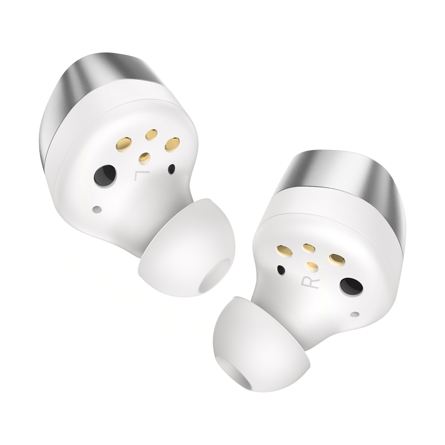 Due auricolari bianchi con accenti argentati su sfondo bianco.