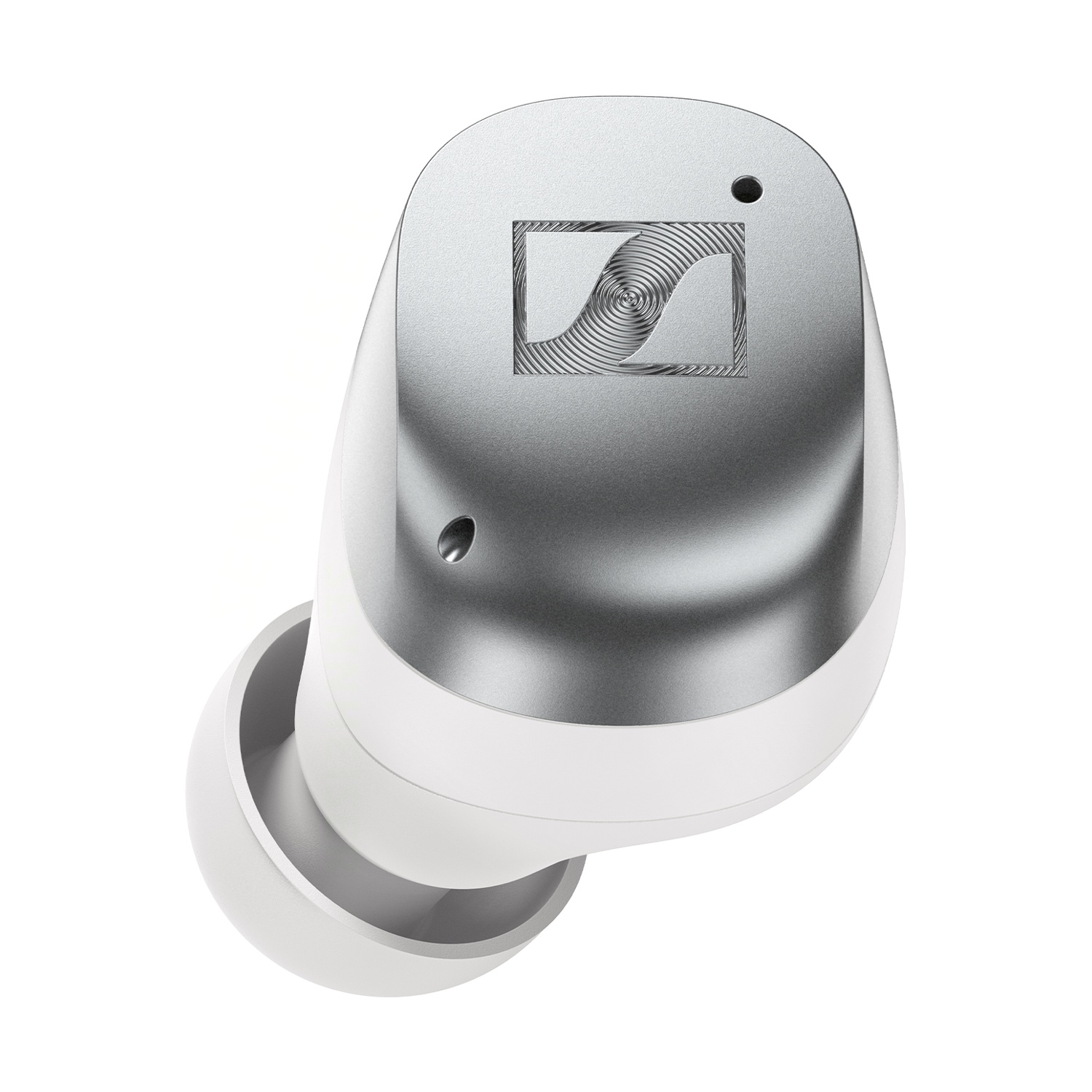 Auricolare argentato con punta bianca e logo Sennheiser.